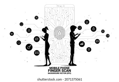 Silhouette businessman and businesswoman with mobile phone standing with thumbprint icon from dot connect line. background concept for finger scan technology and privacy access.