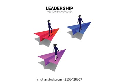 Silhouette of businessman and businesswoman on origami paper airplane. Business Concept of leadership and vision mission.