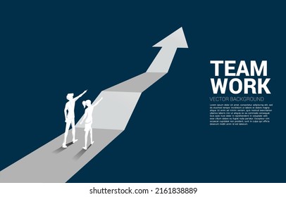 Silhouette of businessman and businesswoman point ahead on step up graph. Concept of people ready to start career and business