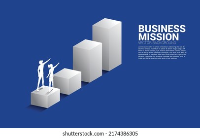 Silhouette of businessman and businesswoman point ahead on graph. Concept of people ready to up level of career and business.