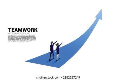 Silhouette of businessman and businesswoman point ahead on forwarding arrow. Concept of people ready to start career and business