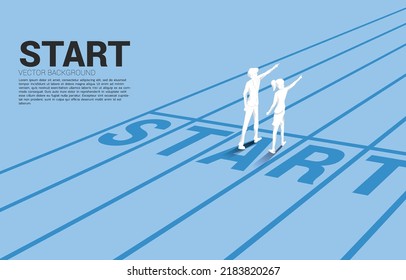 Silhouette of businessman and businesswoman point finger ahead from start line. business concept of ready to start career and business.