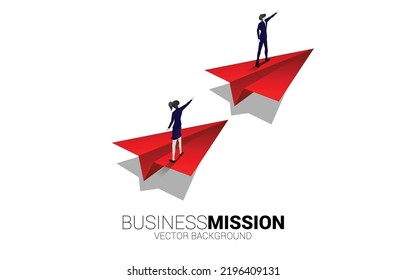 Silhouette of businessman and businesswoman point finger on origami paper airplane. Business Concept of leadership and vision mission.