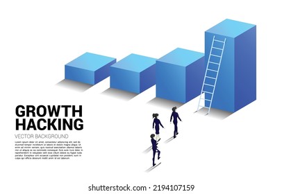 silhouette of businessman and businesswoman ready to move up on bar graph with ladder. Concept of vision mission and goal of business