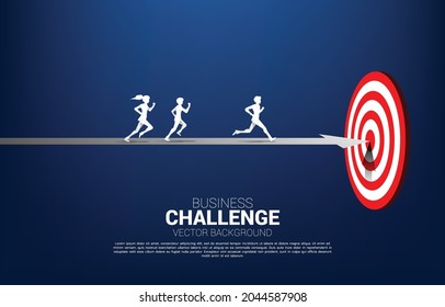 Silhouette Of Businessman And Businesswoman Run On Route To Center Dartboard. Business Concept Of Route To Goal And Direct To Target.