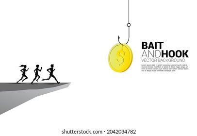 Silhouette of businessman and businesswoman running to cape follow money coin with fishing hook. Concept of bait and hook in business.
