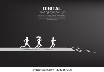 Silhouette of Businessman and businesswoman running on the arrow path with pixel. concept of digital transformation of business.