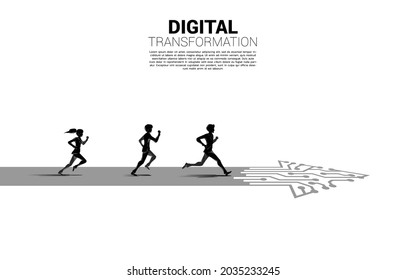 Silhouette of Businessman and businesswoman running on the arrow path with dot connect line circuit. concept of digital transformation of business.