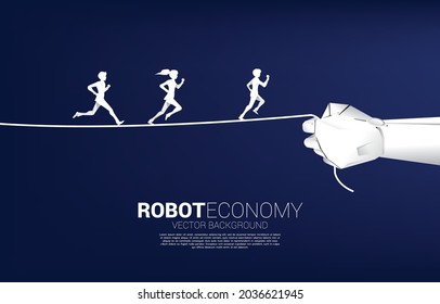 Silhouette of Businessman and businesswoman running on rope in robot hand. Concept of Business challenge and robot Economy.