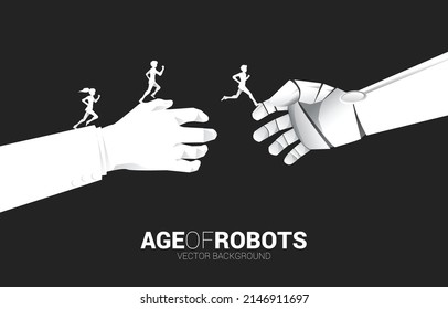 Silhouette of Businessman and businesswoman running on Robot hand reach to touch with human hand. concept birth of a.i. learning machine era.