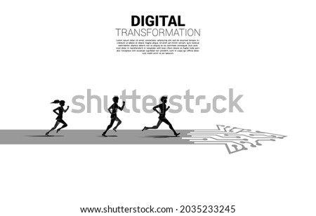 Silhouette of Businessman and businesswoman running on the arrow path with dot connect line circuit. concept of digital transformation of business.