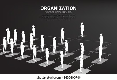 Silhouette of businessman and businesswoman standing on organization chart . Business Concept of corporate structure and team hierarchy