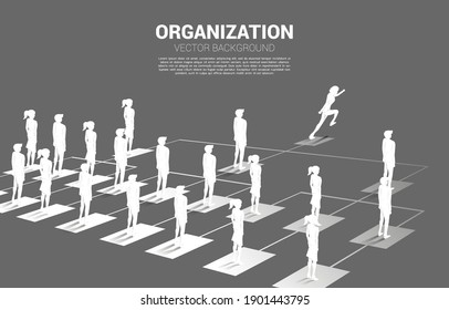 Silhouette of businessman and businesswoman standing on organization chart . Business Concept of corporate structure and team hierarchy