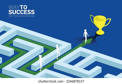 Silhouette of Businessman and businesswoman walk on Arrow with route path to exit the maze to golden trophy. Business concept for problem solving and solution strategy