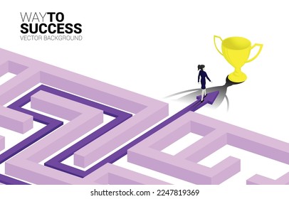 Silhouette of Businessman and businesswoman walk on Arrow with route path to exit the maze to golden trophy. Business concept for problem solving and solution strategy