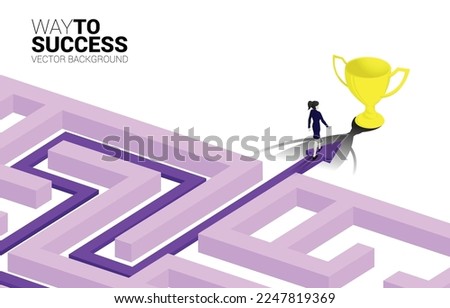 Silhouette of Businessman and businesswoman walk on Arrow with route path to exit the maze to golden trophy. Business concept for problem solving and solution strategy