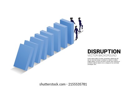 Silhouette of businessman and businesswoman walking from the end of domino collapse. Concept of business industry disrupt