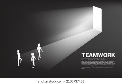 Silhouette of businessman and businesswoman walking to exit door. Concept of career start up and business solution.