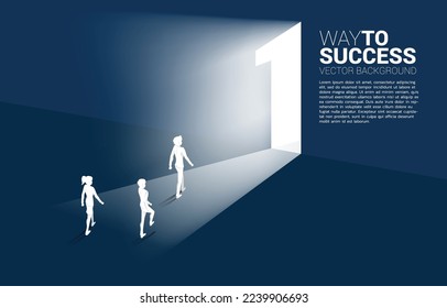 Silhouette of businessman and businesswoman walking to exit door number one. Concept of career start up and champion business solution.