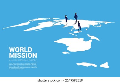 Silhouette of businessman and businesswoman walking on world map. Business Concept of world target mission.