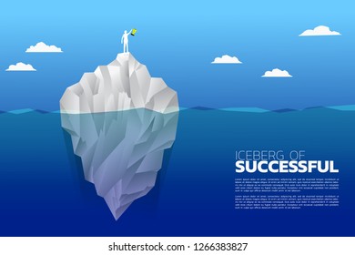 silhouette of businessman with champion trophy on top of iceberg. Concept of growth business, Success in Career path.