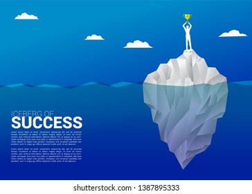 silhouette of businessman with champion trophy on top of iceberg. Concept of growth business, Success in Career path.