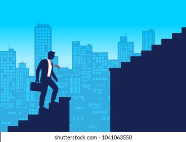 Empresario de Silhouette escalando escaleras y parada frente al abismo, Brecha en la escalera, Concepto de negocio de solución de problemas y superación de obstáculos, Ilustración vectorial de diseño plano