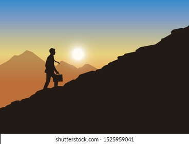 Silhouette businessman climbing up to the top of mountain, Evening sky background, Achievement leadership, Business concept growth and the path to success, Flat design vector illustration