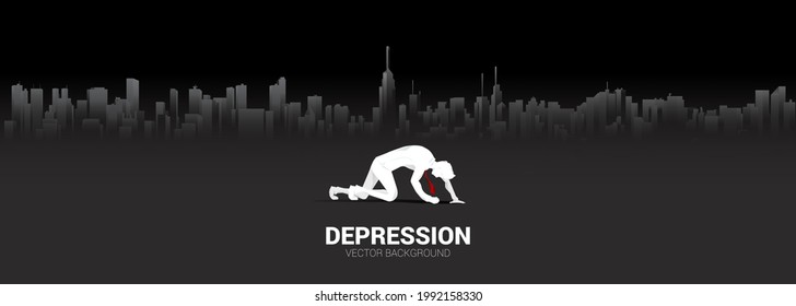 silhouette of businessman crawling in big city background. Concept of feeling depress in big city.