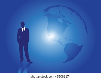 Silhouette of the businessman and Earth on a blue background