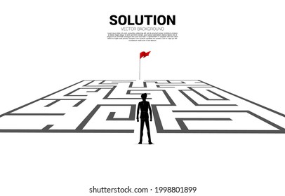 Silhouette of businessman enter to  maze to red flag. business concept for finding solution and reach goal