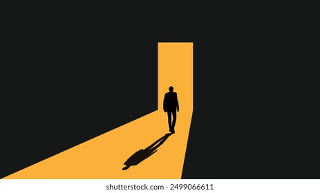 Silhouette of Businessman Entering Lit Door Passage in Darkness. Business people and concepts vector art