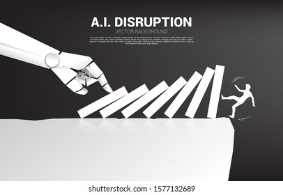 silhouette of businessman falling down from the cliff by domino effect from robot hand. Concept for crisis from business disruption