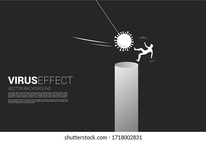 Silhouette of businessman falling down  from corona virus attack. business concept of business disruption and domino effect from pandemic. 