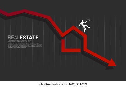 silhouette of businessman falling from home icon in falling down arrow. Concept of decline in real estate business and properties price