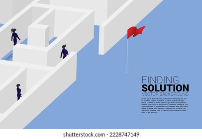 Silhouette of businessman find the way out from maze to red flag. business concept for finding solution and reach goal