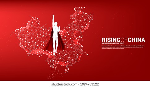 Silhouette of businessman flying  with China map from Polygon dot connect line. Concept for fast grow of china digital economy.