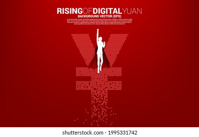 Silhouette of businessman flying  with digital yuan currency money icon from binary zero and one code. Concept for china digital currency economy and financial network connection.