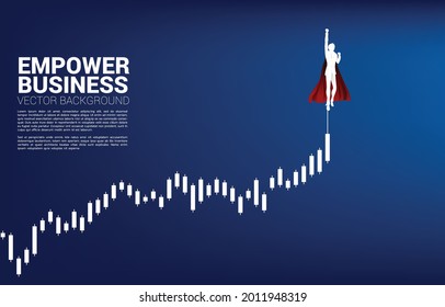 Silhouette of businessman flying to the growth candlestick graph. Business Concept for start up and fast growth company.