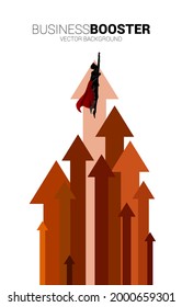 Silhouette of businessman flying to higher with arrow. Concept of boost and growth in business.