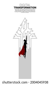 Silhouette of businessman flying to higher with arrow from dot connect line circuit. concept of digital transformation of business.