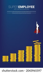 Silhouette of businessman flying from higher column of graph coin stack. Concept of boost and growth in business.