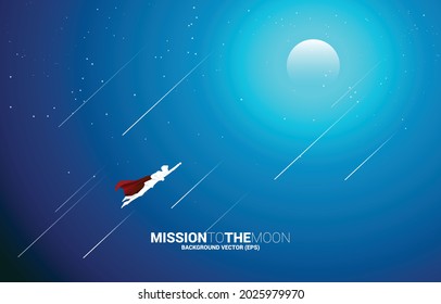 Silhouette of businessman flying  to the moon. Business Concept for start up and fast growth company.
