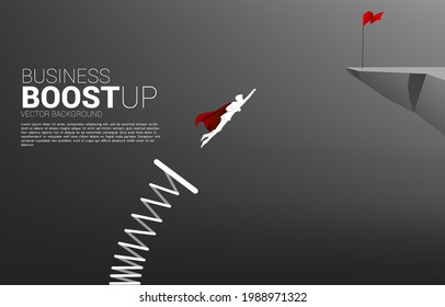 Silhouette of businessman flying to red flag on cliff with springboard. Concept of boost and growth in business.