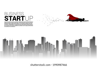 Silhouette of businessman flying in sky with the city. Business Concept for start up and fast growth company.