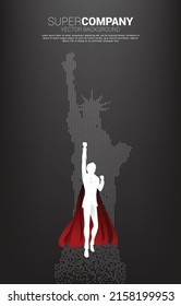 Silhouette of businessman flying in sky with Statue of Liberty pixel. Business Concept for start up and fast growth company.