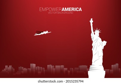 Silhouette of businessman flying with Statue of Liberty. Business Concept for start up in united states.