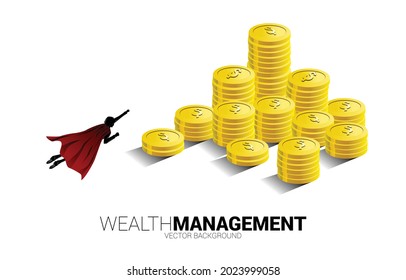 Silhouette of businessman flying to top of stack of coin. Concept of success investment and growth in business