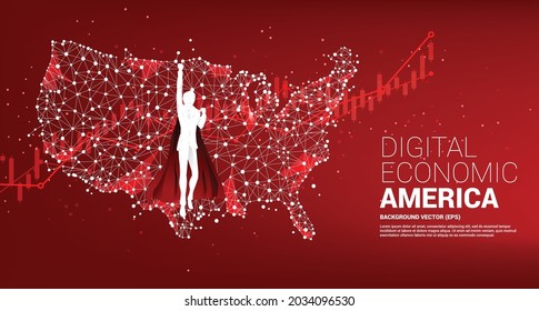 Silhouette of businessman flying  with United States map from Polygon dot connect line. Concept for fast grow of America digital economy.