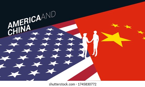 Silhouette of businessman hand shake on  America and China flag. Background concept for nation competition and trade war.